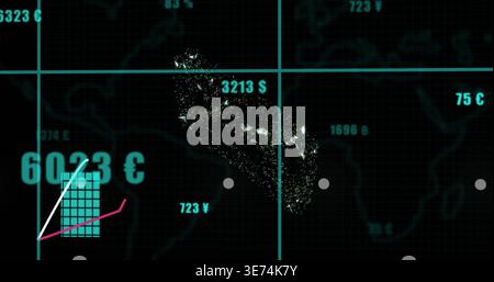 Displaying particle cluster forming data island center-right on cyan grid, with currency labels. Dashboard, visualization, futuristic, neon, analytics Stock Photo