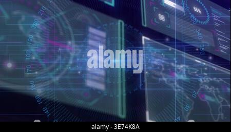 Displaying central holographic panel glowing in virtual dashboard, with circular dials and charts. Hologram, interface, data, visualization, map, grid Stock Photo