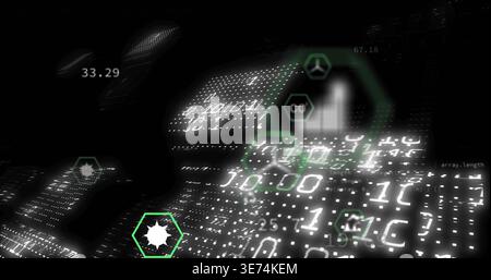 Pulsing 3D binary grid rippling in virtual data space, with floating green hex UI and array.length. Visualization, cyber, dashboard, analytics, networ Stock Photo