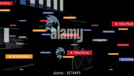 Displaying notification cluster on dark dashboard, showing red orange blue badges, globes, charts. Interface, analytics, data, visualization, icons, n Stock Photo
