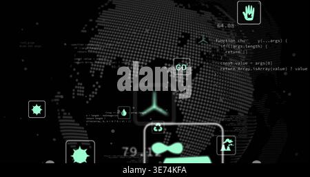 Dot-matrix globe glowing in virtual interface, showing CO2 badge, water droplet, code snippets. Orb, neon, teal, digital, abstract, data, ui Stock Photo