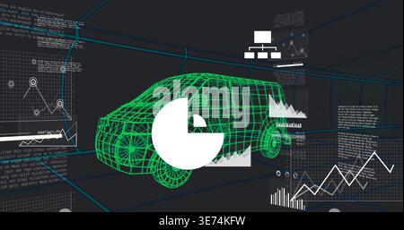Rendering green wireframe van occupying center in 3D workspace with pie-chart and floating panels. Vehicle, mesh, neon, data, visualization, dashboard Stock Photo