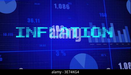 Displaying large pixelated INFLATION headline on blue digital dashboard, with bar chart pie charts. Economy, finance, infographic, visualization, data Stock Photo