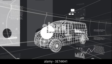Displaying 3D wireframe van model rotating in virtual workspace, with pie chart, line graph, grid. Vehicle, cad, dashboard, visualization, schematic, Stock Photo