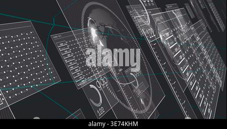 Displaying dominant translucent tilted UI panel centered in virtual 3D space, with circular gauge. Hud, interface, dashboard, holographic, wireframe, Stock Photo