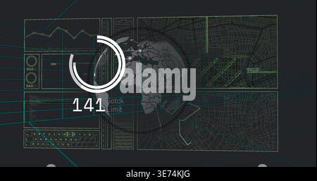 Displaying circular HUD combining dotted globe, progress ring and readout 141 with tiled maps. Geospatial, dashboard, telemetry, analytics, wireframe, Stock Photo