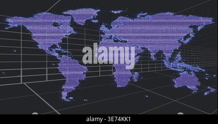 Displaying purple hologram world map using scanlines in digital dashboard, glowing data points. 3d, holographic, continents, islands, dots, wireframe, Stock Photo