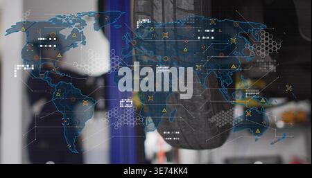 Displaying digital world map HUD overlay across workshop, with boot sole and woman in jacket. Holographic, interface, hexgrid, data, warning, blue, wo Stock Photo