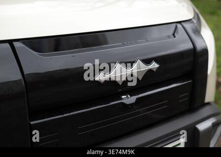Kyiv, Ukraine. April 9 2026. Close-up of the silver Yangwang logo on the black front grille of a luxury electric SUV, automotive design. Stock Photo