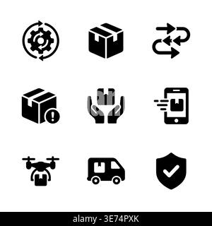 Set of black delivery and logistics vector icons glyph style Stock Vector