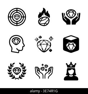 Diamond Icon Set Collection in Black and White Style Stock Vector