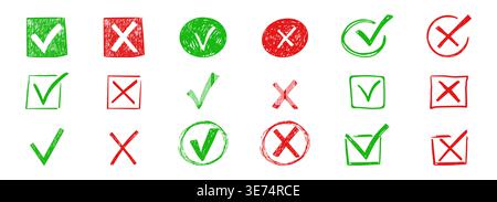 Check mark crayon scribble doodle, chalk texture, checkmark and red cross icon set, circle and square. Tick symbol. sketch checkboxes. Vector illustration Stock Vector