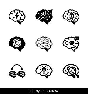 Set of various brain icons, artificial intelligence, thinking process symbols Stock Vector