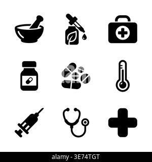 Set of Black Medical Icons in Simple and Minimalist Style Stock Vector