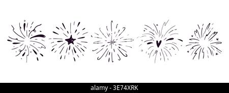 Crayon firework pastel confetti, hand drawn sketch chalk texture set. Kids color chalk pencil firecracker, sunburst, explosion. Vector illustration Stock Vector