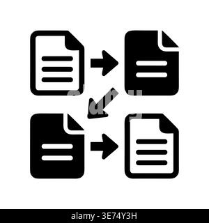 Data transfer process with documents and arrow connections glyph icon Stock Vector