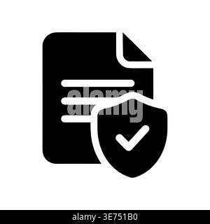 Document security icon, file with shield and checkmark, black glyph Stock Vector