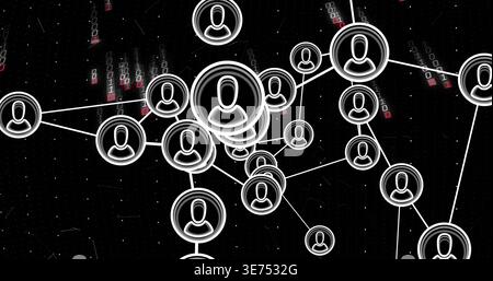 Displaying central cluster of avatars linking via lines in digital network, with binary, red bands. Web, nodes, edges, hub, glow, silhouette, dashboar Stock Photo