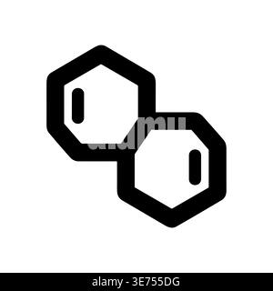 Two connected hexagon molecules, minimalist black line art icon Stock Vector