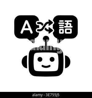 Black and white robot translator chatbot icon with language bubbles Stock Vector