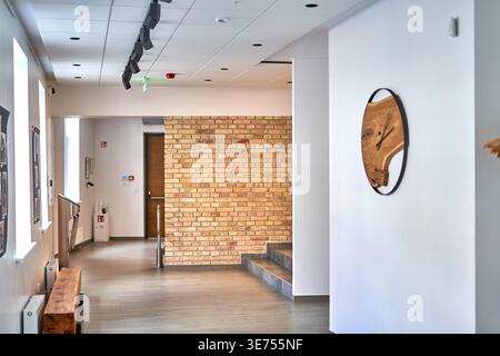 A modern, bright interior hallway featuring a mix of contemporary and rustic design elements. The space has light wooden flooring and white walls, Stock Photo