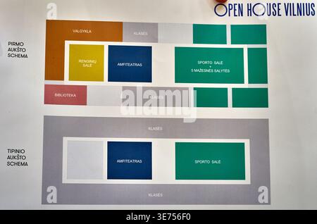 A displayed architectural floor plan diagram for Open House Vilnius showing two levels of a school building. The upper section labeled "Pirmo aukšto Stock Photo
