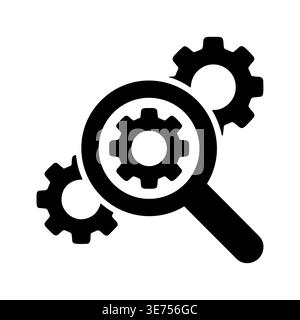 Gear mechanism under magnifying glass icon in black and white Stock Vector