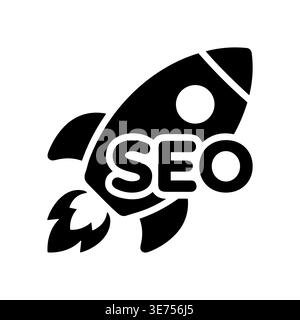 Black rocket ship with SEO text, glyph style illustration. Stock Vector