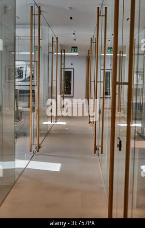 A modern office interior featuring a long corridor lined with glass-walled meeting rooms or private offices on both sides. The transparent partitions Stock Photo