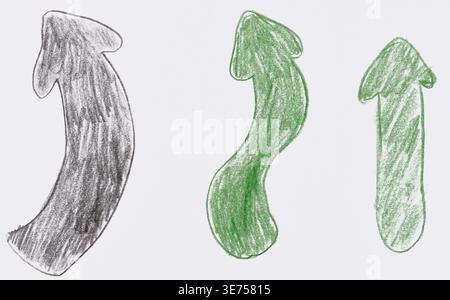Three arrows of different shapes drawn in pencil on a white background, pointing upwards Stock Photo