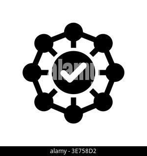 Decentralized network with checkmark, blockchain verification, solid icon style Stock Vector