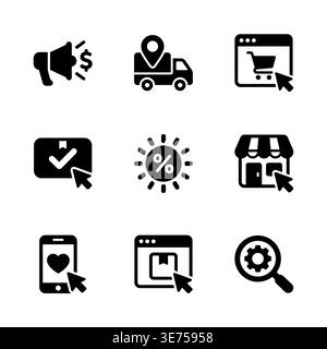 Set of black and white e-commerce glyph icons Stock Vector