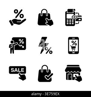 Black silhouette icons representing sales and discounts promotions marketing Stock Vector