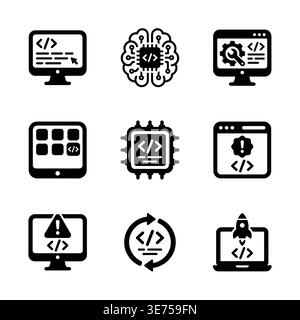 Set of programming and artificial intelligence glyph vector icons Stock Vector