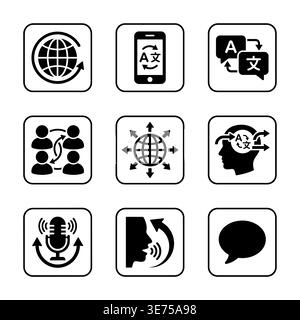 Set of black translation and interpretation icons in flat style Stock Vector