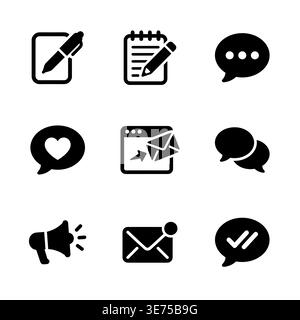 Black Glyph Icon Set of Communication and Interaction Elements Stock Vector
