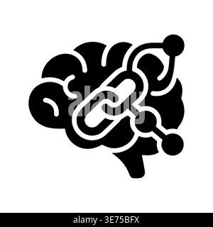 Brain with connecting chain and nodes black glyph icon Stock Vector