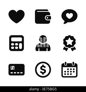 Set of simple solid black icons, finance and business Stock Vector