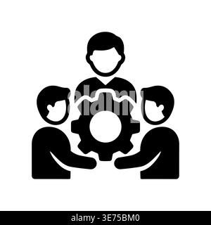 Teamwork icon of three people collaborating with gear mechanism Stock Vector
