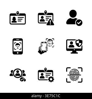 Set of identification and face recognition system glyph icons Stock Vector