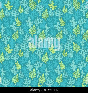 Hand drawn seamless pastel marine pattern with stylized corals, playful ocean themed boho background with pastel turquoise, light green and soft blue Stock Vector