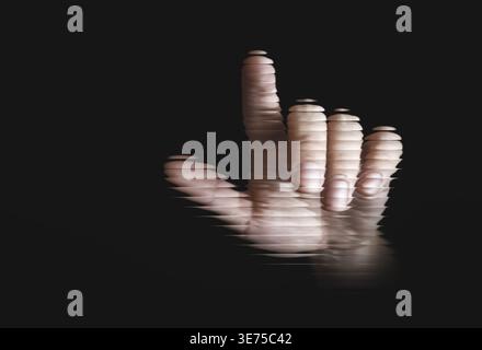 Hand touching transparent ribbed glass surface with dark background distortion effect Stock Photo