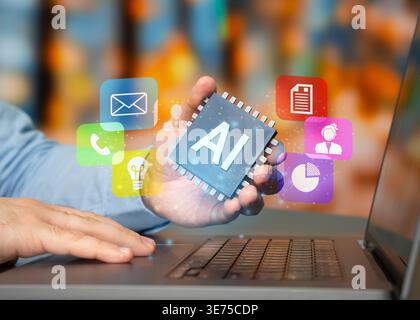 Application of AI in business. AI business agents. Automation enhances decision making and efficiency. Intelligent systems support operations, custome Stock Photo