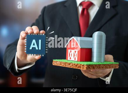 A businessman presents innovations in the implementation of AI in the agricultural industry. Artificial intelligence technology in farming improves ef Stock Photo
