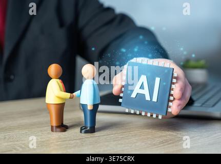 Business communication using AI agents. Automation enhances interaction and response speed. Intelligent systems support customer service, data process Stock Photo