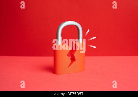 A red cracked padlock. Cyber risk exposes vulnerabilities. Data protection and system defense are critical for business continuity. Security system is Stock Photo