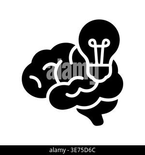 Brain with Light Bulb Solid Icon Representing Idea Generation Stock Vector