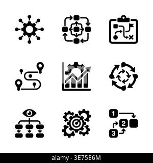 Business process, project management and strategic planning black glyph icons Stock Vector