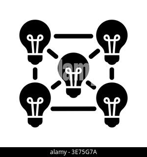 Creative idea network, brainstorming session, communication technology black glyph icon Stock Vector