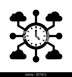 Black and white clock network connected to cloud servers Stock Vector